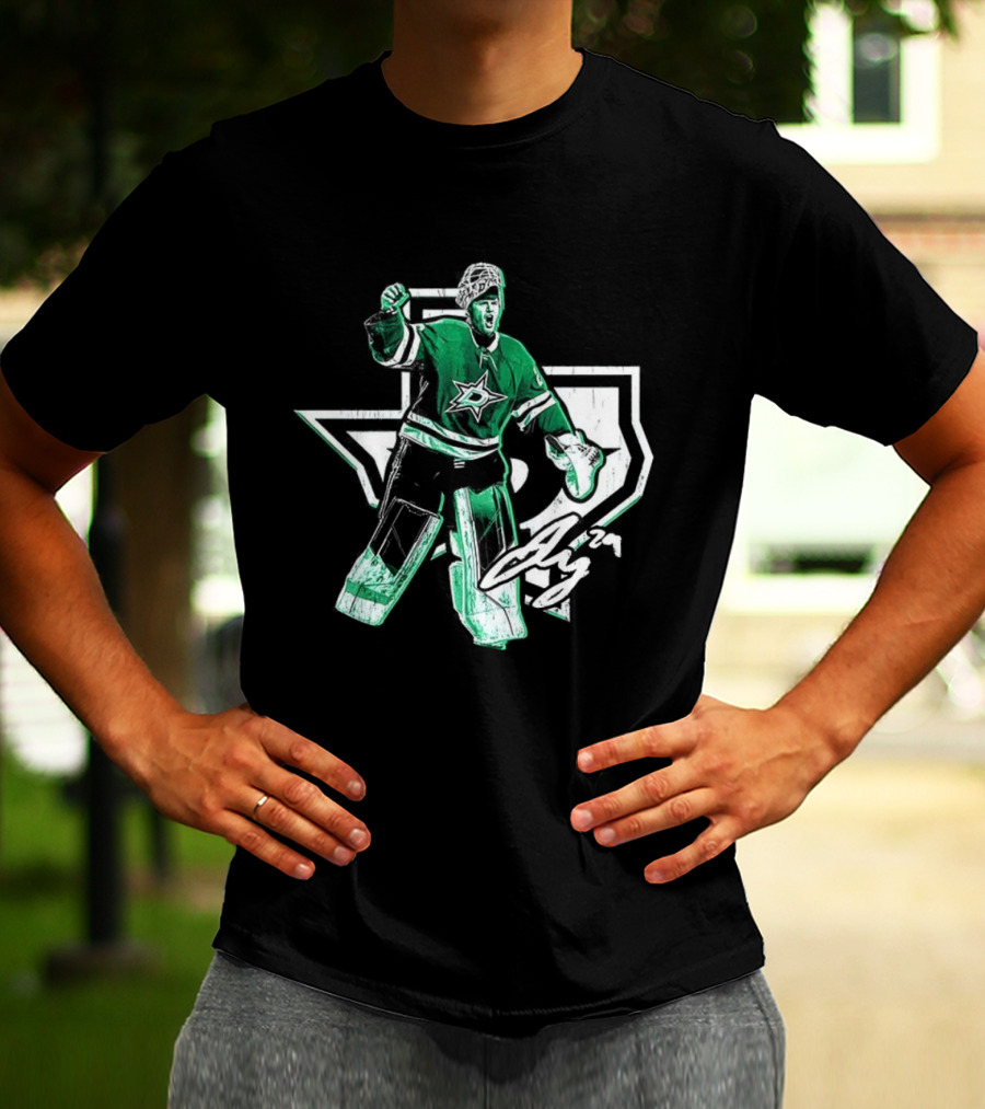 Jake Oettinger Dallas Stars NHL Texas Goalie Iconic Green White Gear T-Shirt