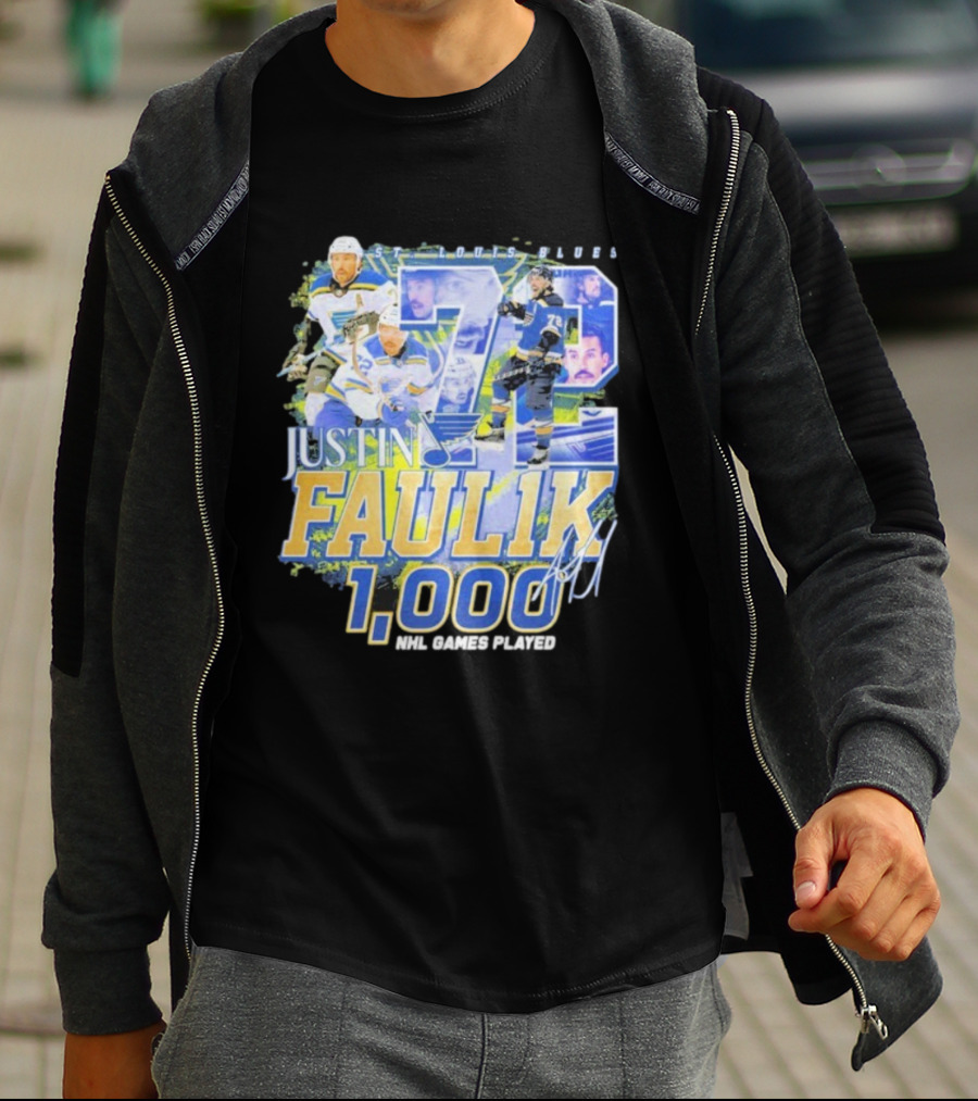 St. Louis Blues Justin Faulk 72 1000 NHL Games Played Signature T-Shirt