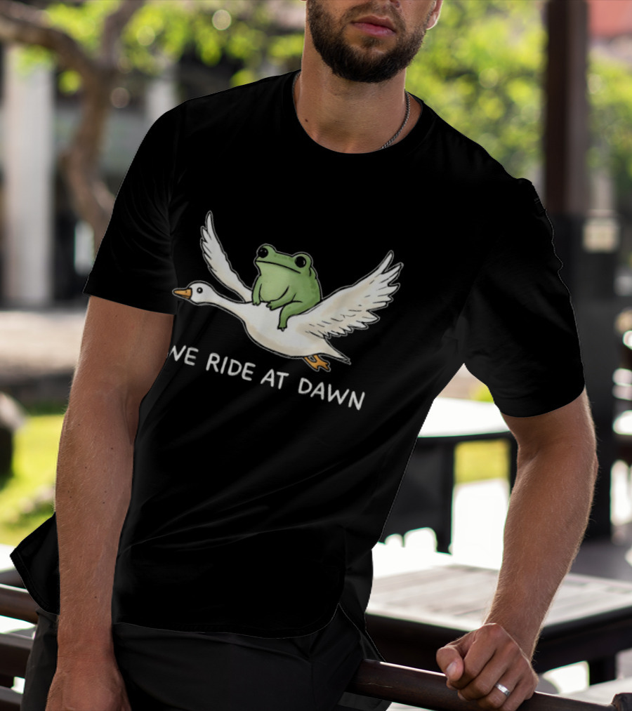 We Ride At Dawn Frog Riding Goose Funny Animal Adventure T-Shirt