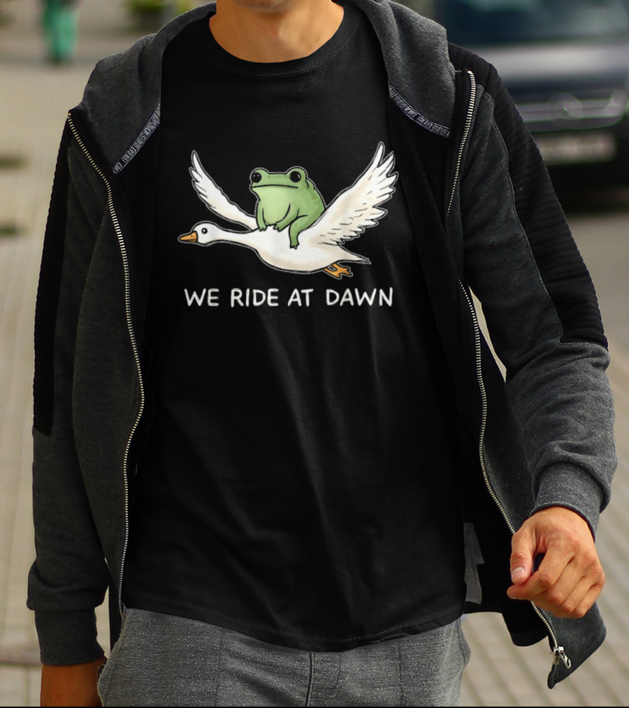 We Ride At Dawn Frog Riding Goose Funny Animal Adventure T-Shirt