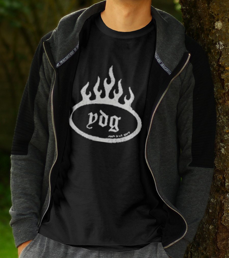 YDG Flame Oval With Gothic Script And Stylized Fire T-Shirt