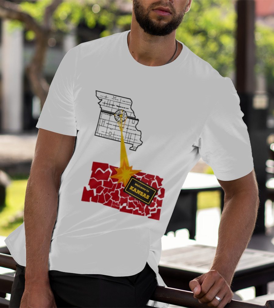 Missouri Map Blast Welcome To Kansas Sign Explosion T-Shirt