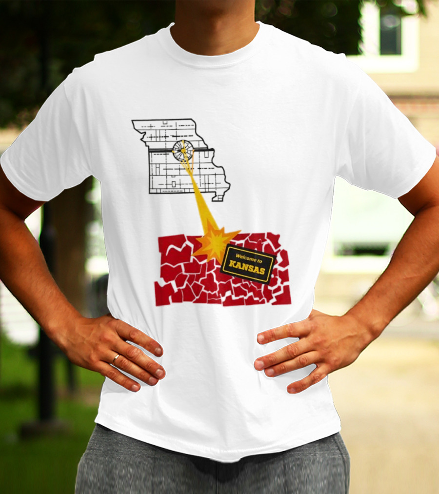 Missouri Map Blast Welcome To Kansas Sign Explosion T-Shirt