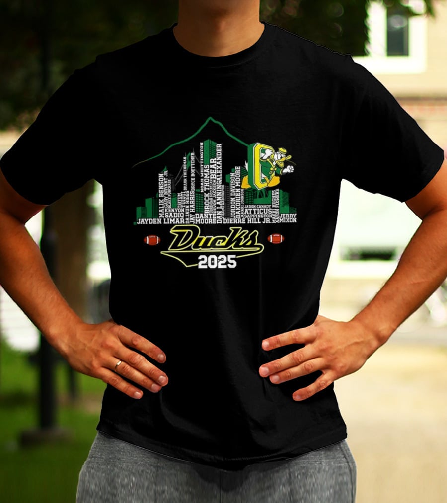 Oregon Ducks 2025 Skyline Football Player Mountain T-Shirt