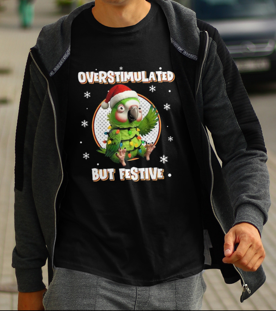 Overstimulated Parrot With Christmas Lights And Santa Hat T-Shirt