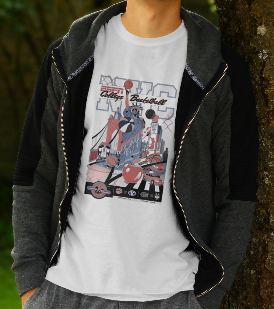 Jimmy V Classic 2025 Clemson Vs BYU College Basketball NYC Statue Of Liberty Basketball New York Skyline T-Shirt