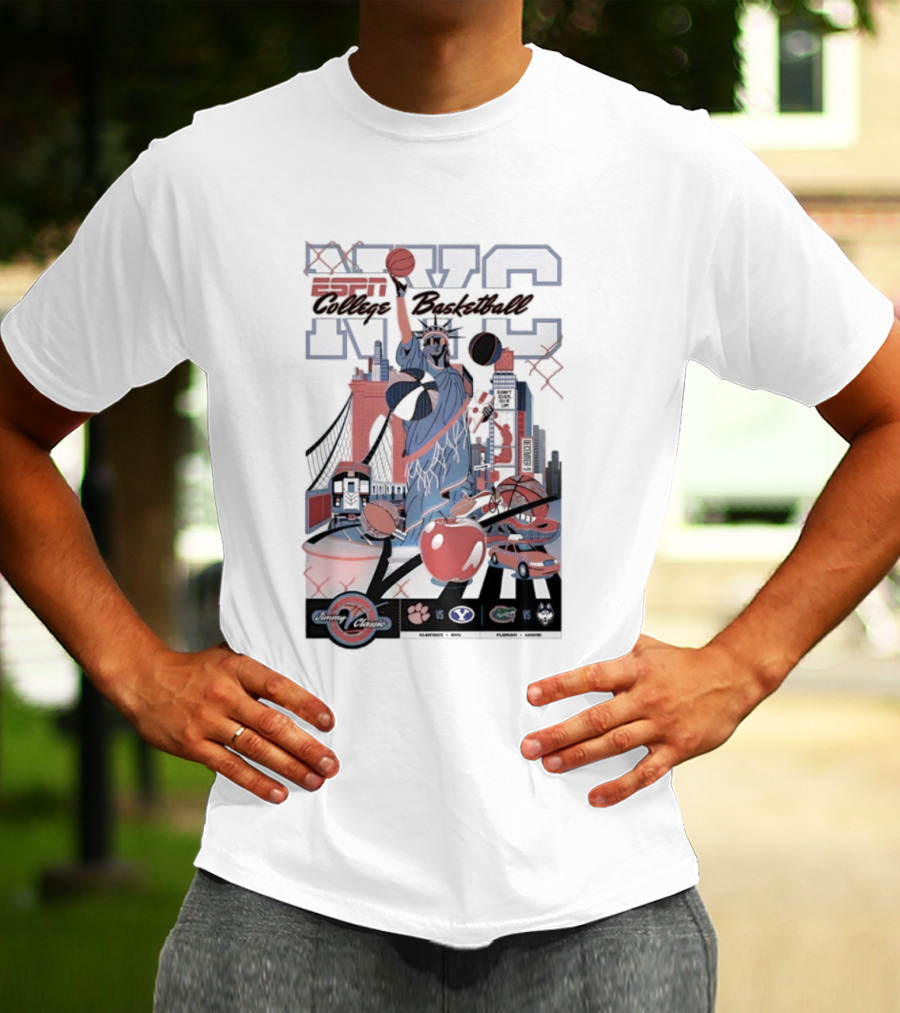 Jimmy V Classic 2025 Clemson Vs BYU College Basketball NYC Statue Of Liberty Basketball New York Skyline T-Shirt