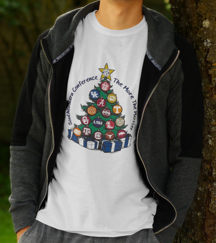 SEC Southeastern Conference The More The Merrier Christmas Tree With Team Ornaments T-Shirt