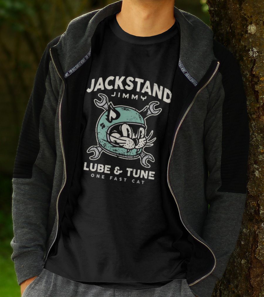 Jackstand Jimmy Lube & Tune One Fast Cat Helmet Wrench T-Shirt