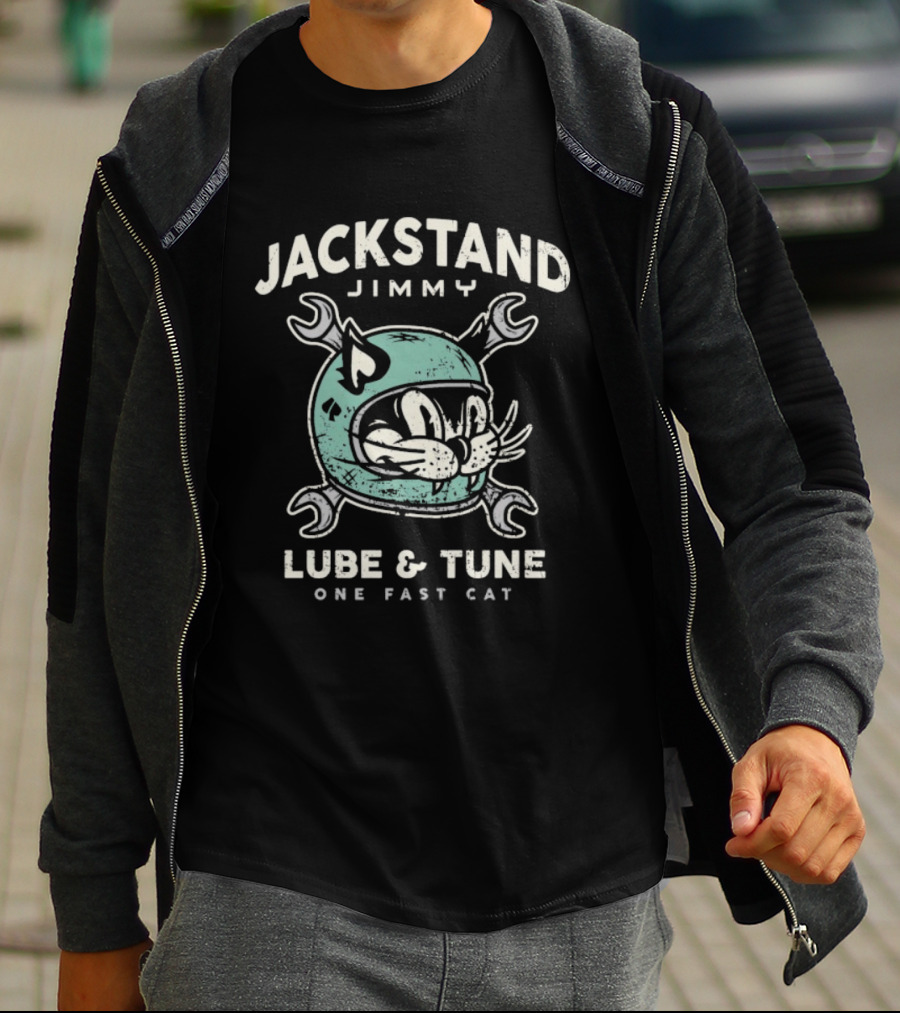 Jackstand Jimmy Lube & Tune One Fast Cat Helmet Wrench T-Shirt