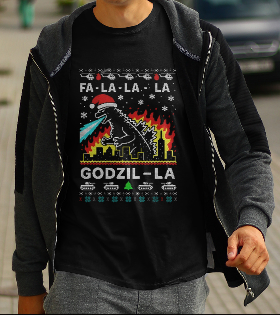 Fa La La La Godzil-La Christmas Santa Hat City Helicopters Tanks T-Shirt