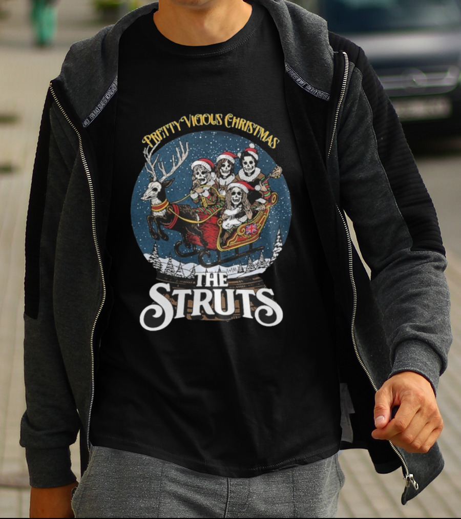 The Struts Pretty Vicious Christmas Reindeer Snow Globe Skeleton Sleigh T-Shirt