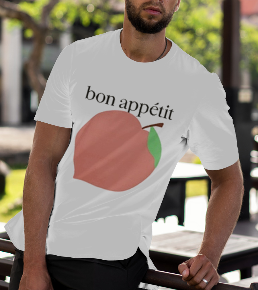 Bon Appétit Peach Illustration With Green Leaf Detail T-Shirt