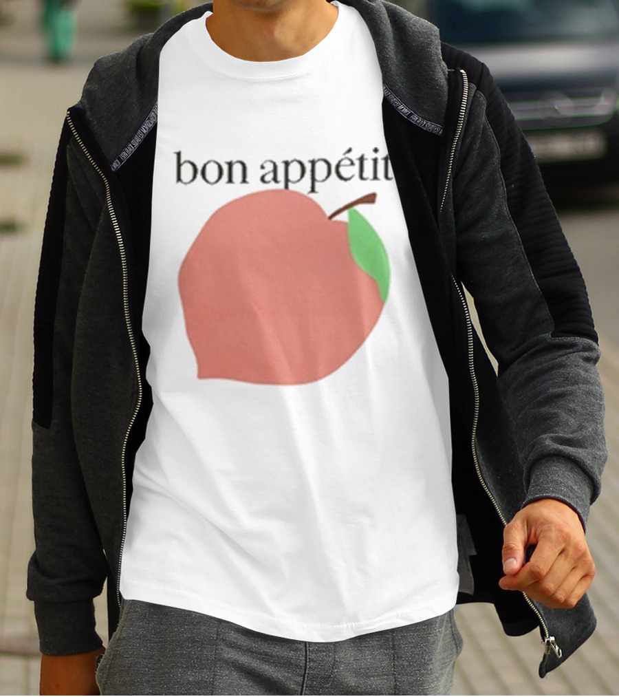 Bon Appétit Peach Illustration With Green Leaf Detail T-Shirt