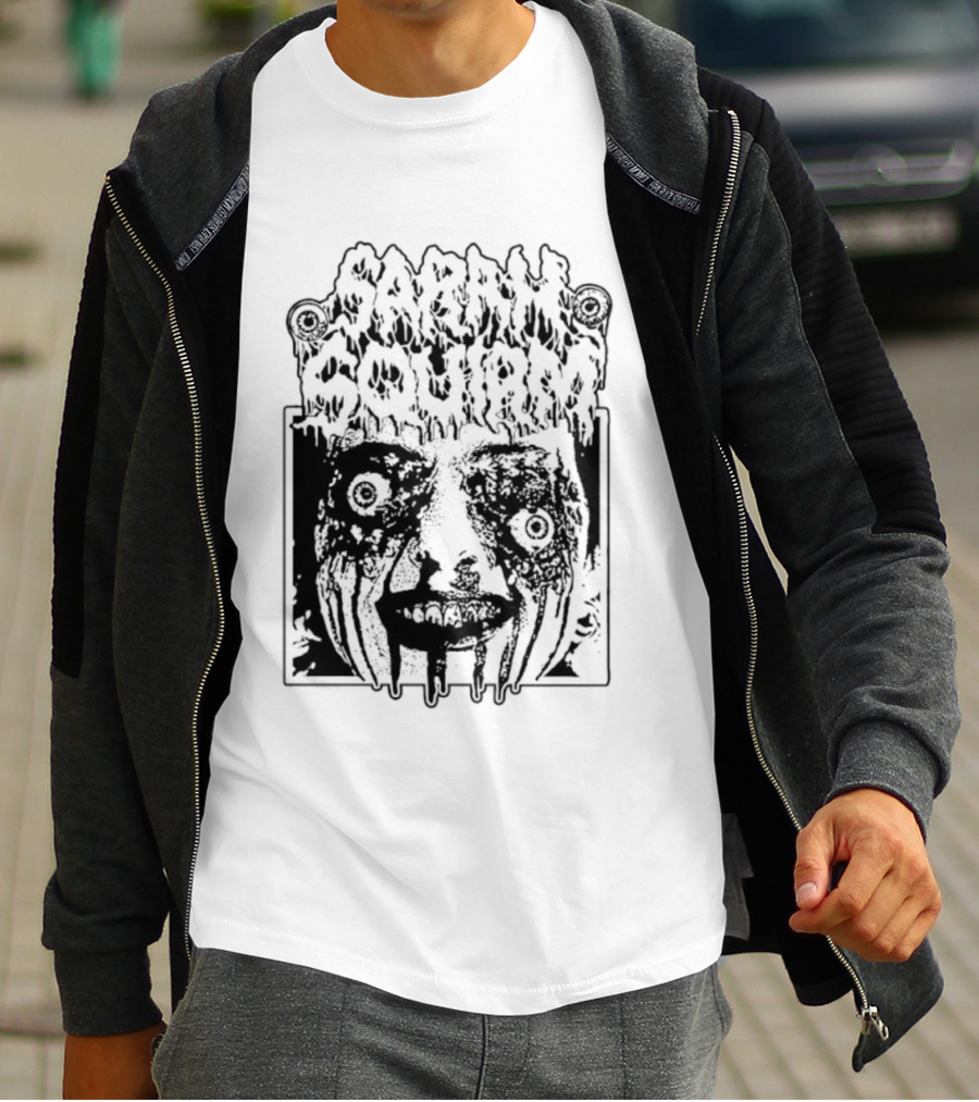 Sarah Squirm Horror Metal Face Graphic T-Shirt