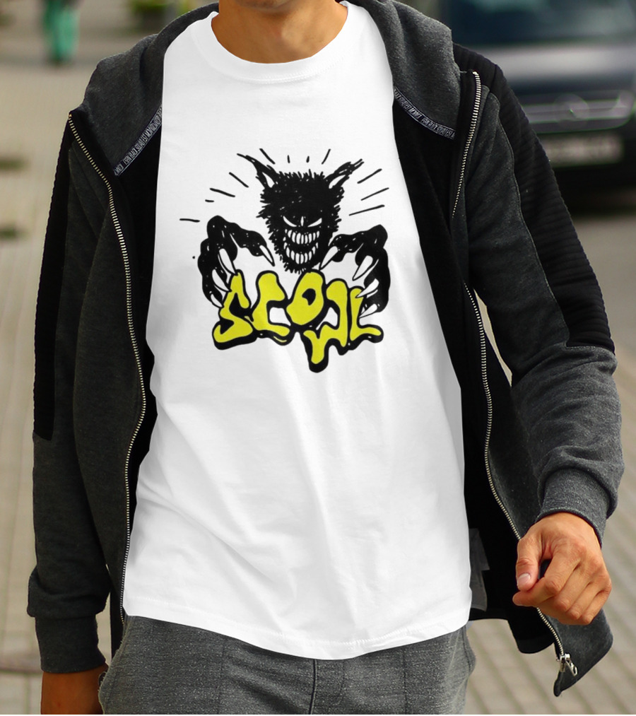 Scowl Scary Cat Yellow Text With Creepy Feline Illustration T-Shirt