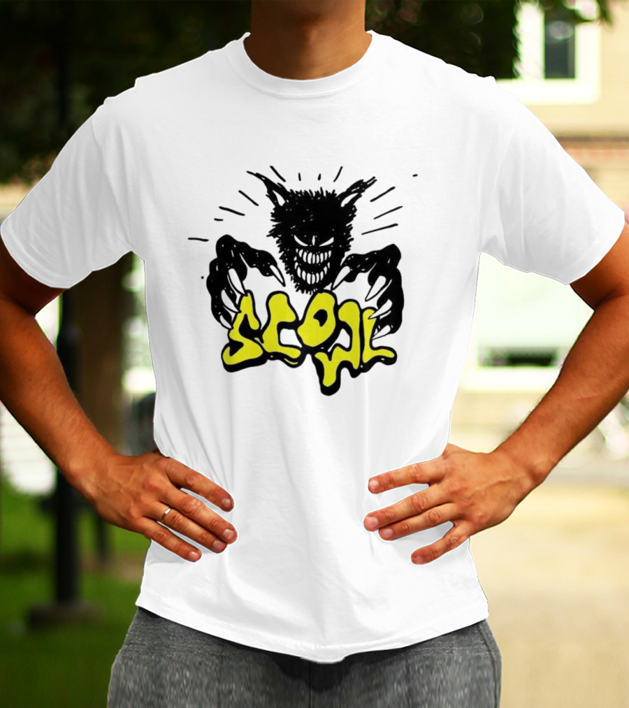 Scowl Scary Cat Yellow Text With Creepy Feline Illustration T-Shirt