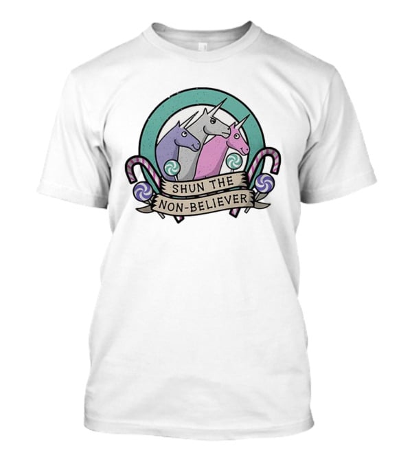 Charlie The Unicorn Shun The Non-Believer Candy Cane Cartoon Trio T-Shirt
