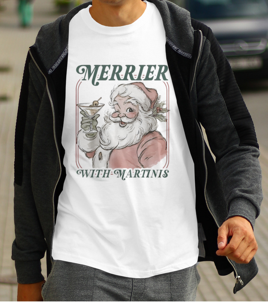 Merrier With Martinis Santa Christmas Cocktail T-Shirt
