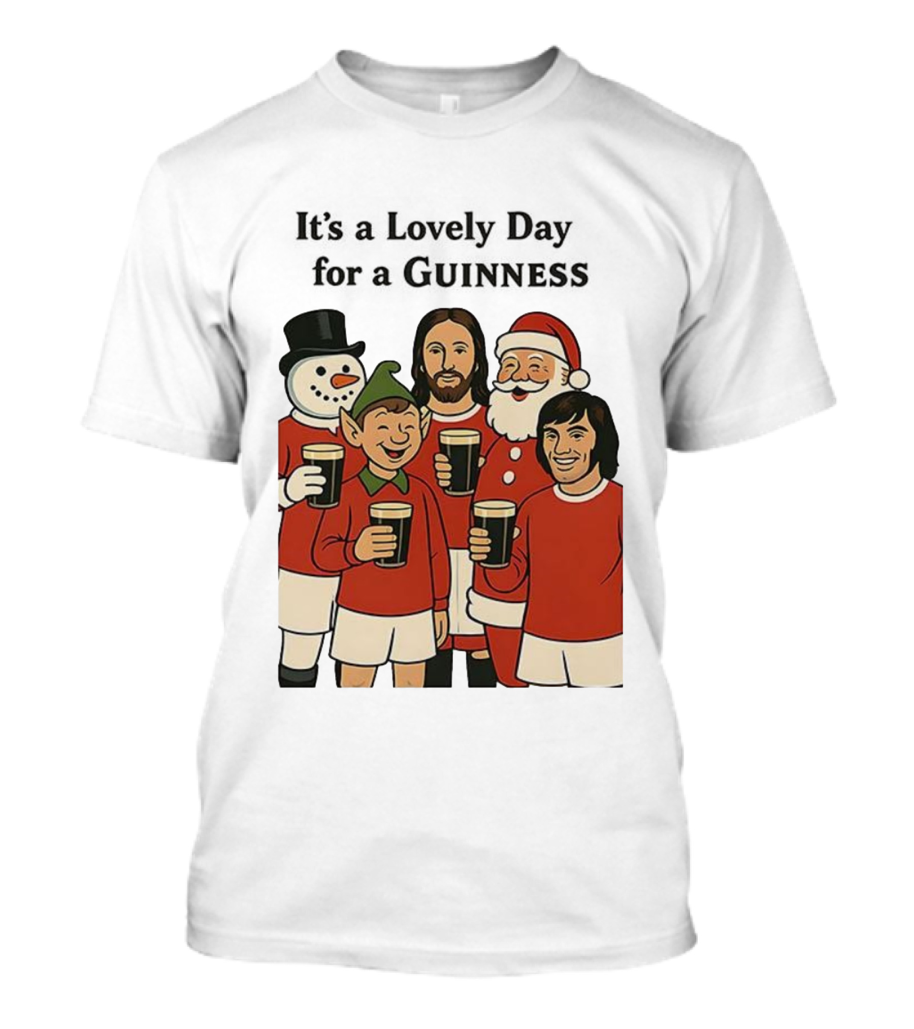 It's A Lovely Day For A Guinness Manchester United Christmas With Festive Characters T-Shirt