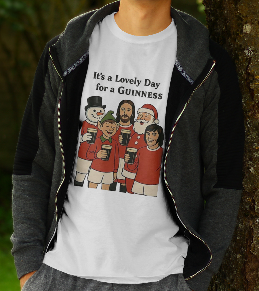 It's A Lovely Day For A Guinness Manchester United Christmas With Festive Characters T-Shirt