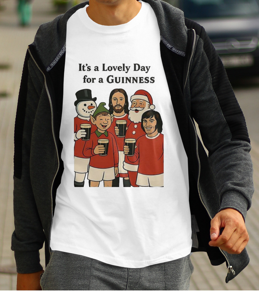 It's A Lovely Day For A Guinness Manchester United Christmas With Festive Characters T-Shirt