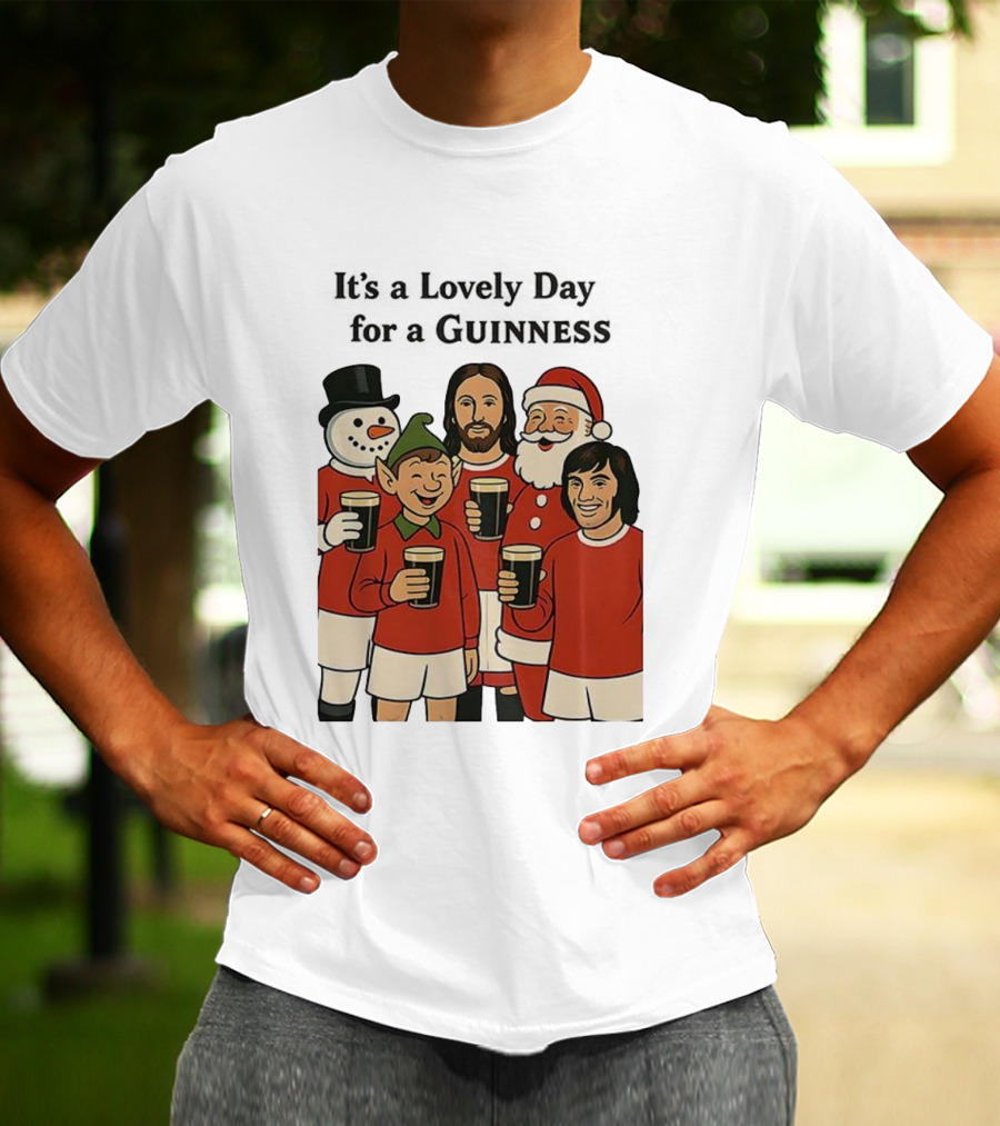 It's A Lovely Day For A Guinness Manchester United Christmas With Festive Characters T-Shirt