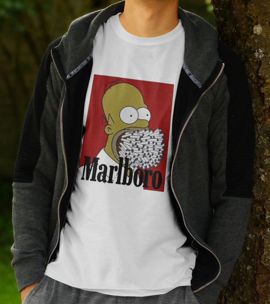 Homer Simpson Cigarette Mouth Marlboro Red Background T-Shirt