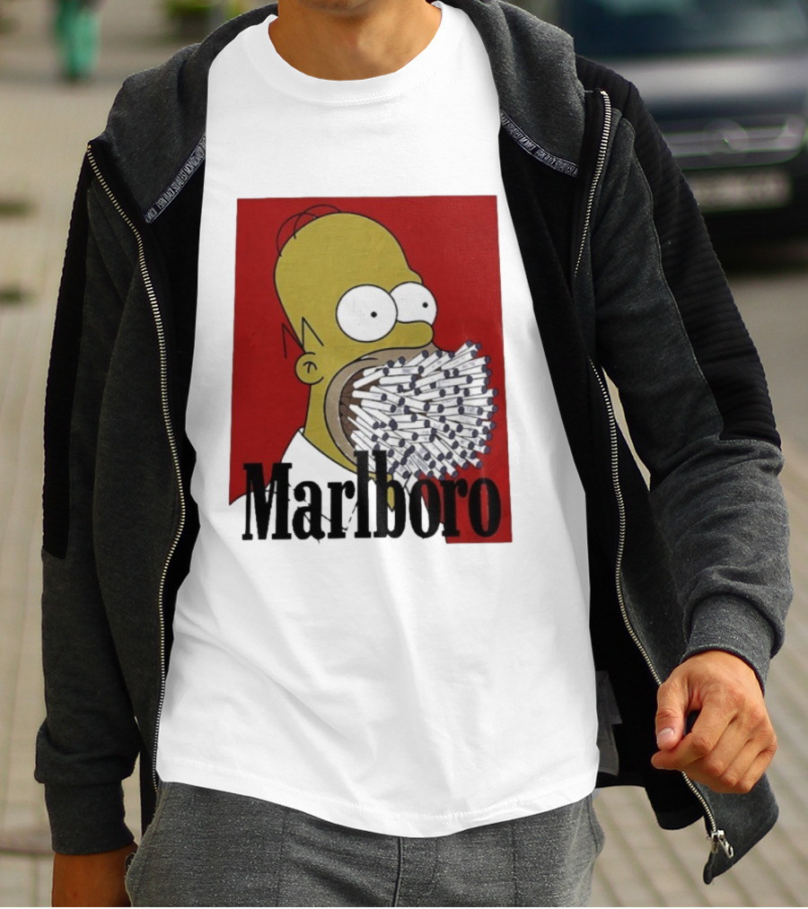 Homer Simpson Cigarette Mouth Marlboro Red Background T-Shirt