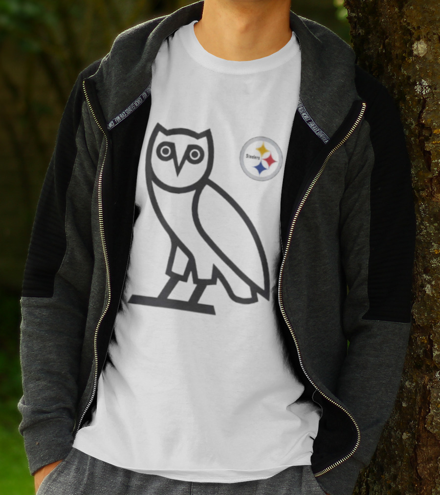 Pittsburgh Steelers OVO NFL Collaboration Owl And Team Symbols T-Shirt