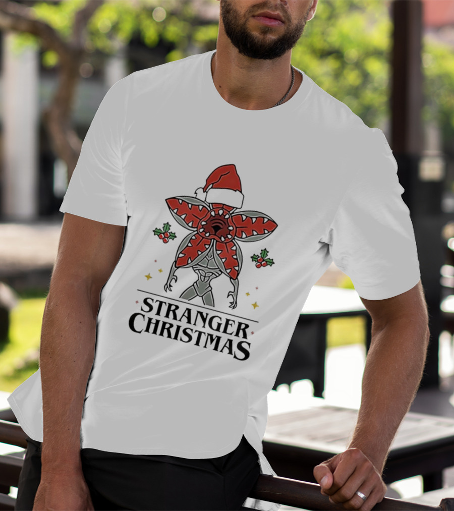 Stranger Christmas Demogorgon Santa Hat Mistletoe Branches Stranger Things T-Shirt