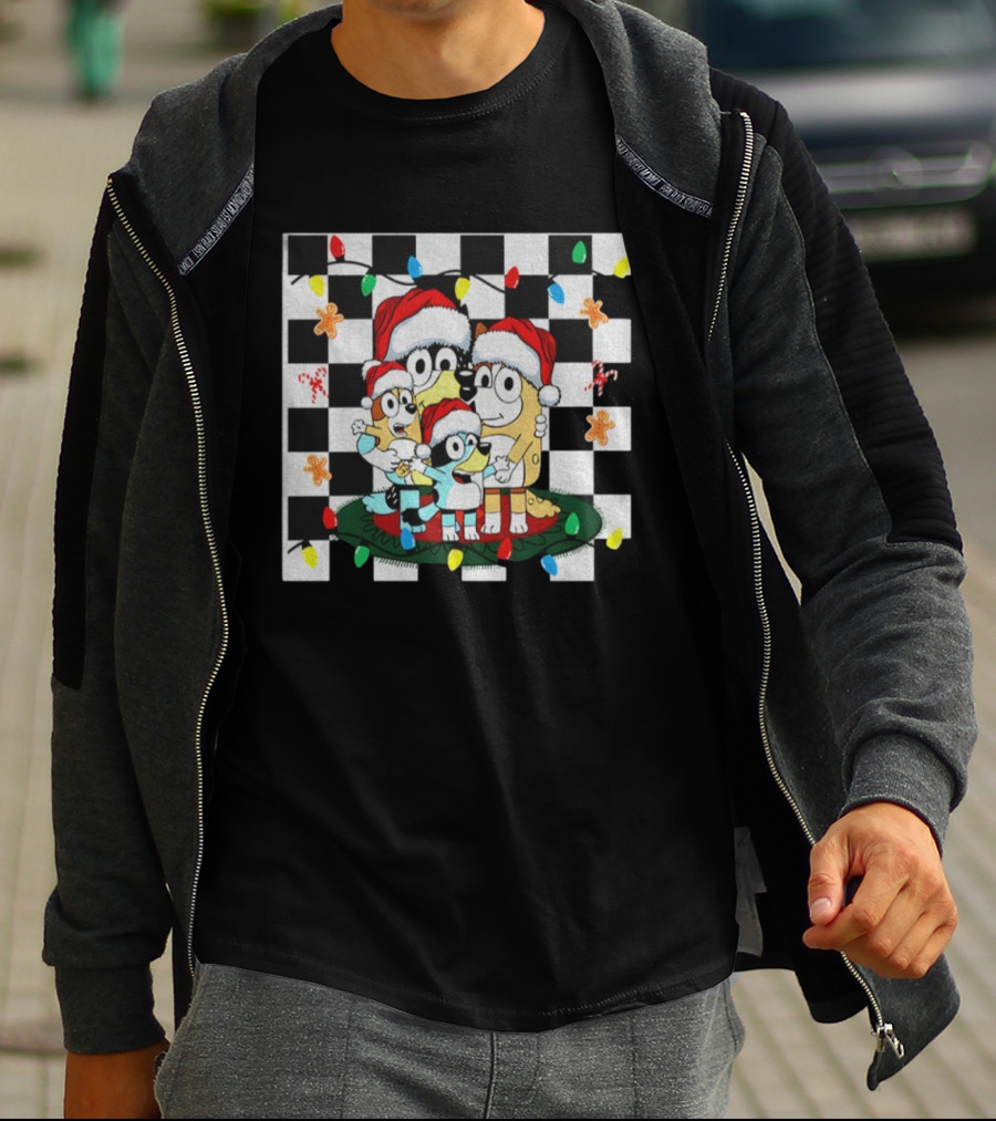 Bluey Family Christmas 2025 Santa Gingerbread Checkered Lights T-Shirt