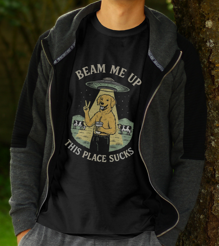 Beam Me Up This Place Sucks Funny Golden Retriever UFO Cows Peace Sign T-Shirt