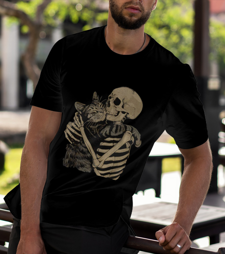 Skeleton Hugging Cat Gothic Skeleton Cat Hug T-Shirt