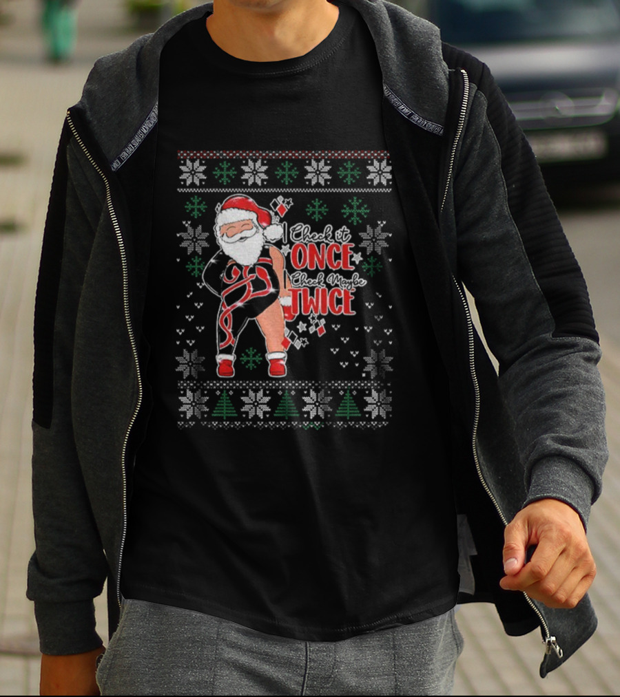 Santa Merry Christmas I Check It Once Twice Snowflakes Trees T-Shirt