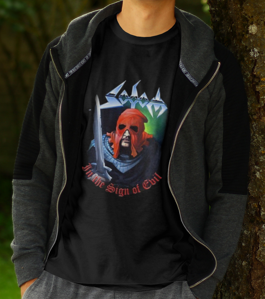 Sodom In The Sign Of Evil 1984 Masked Warrior And Sword Iconic Metal Artwork T-Shirt