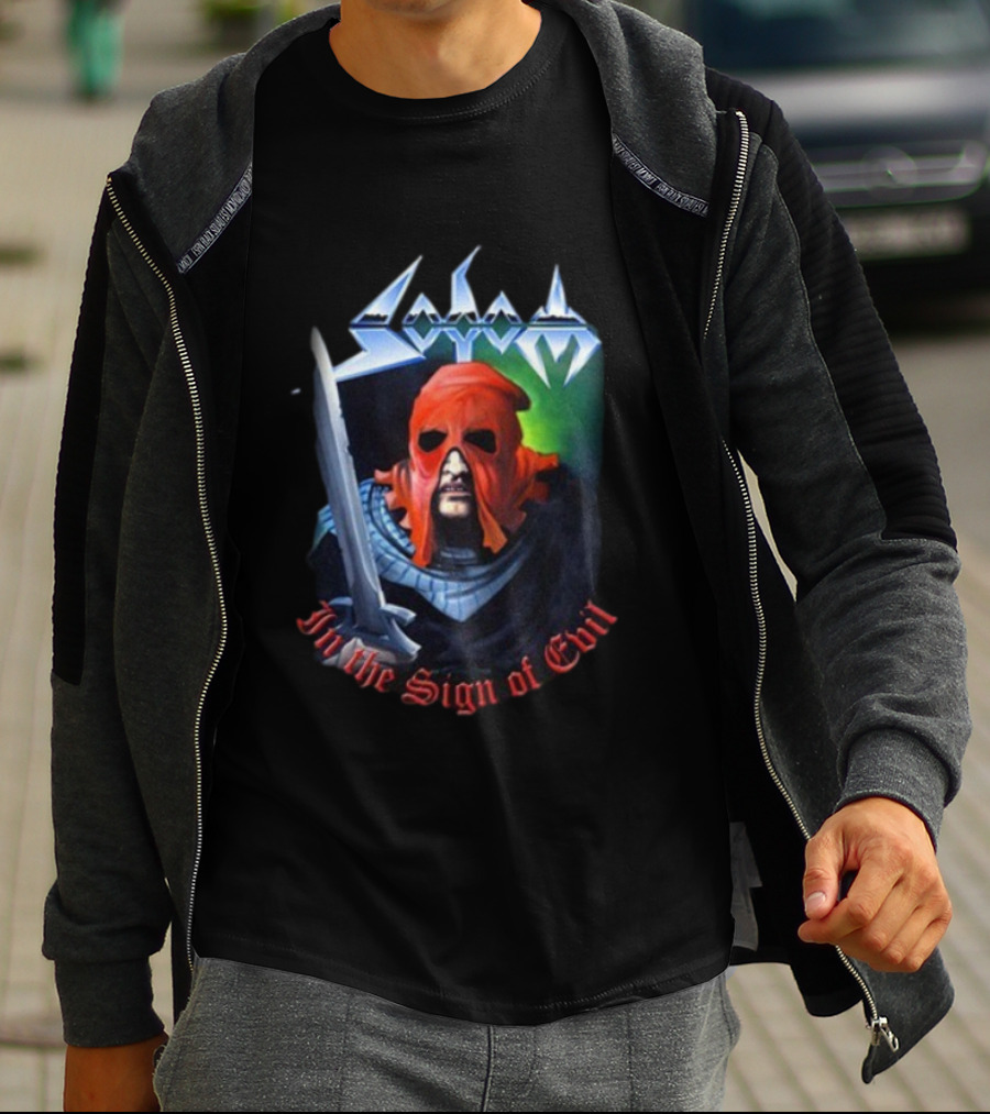 Sodom In The Sign Of Evil 1984 Masked Warrior And Sword Iconic Metal Artwork T-Shirt