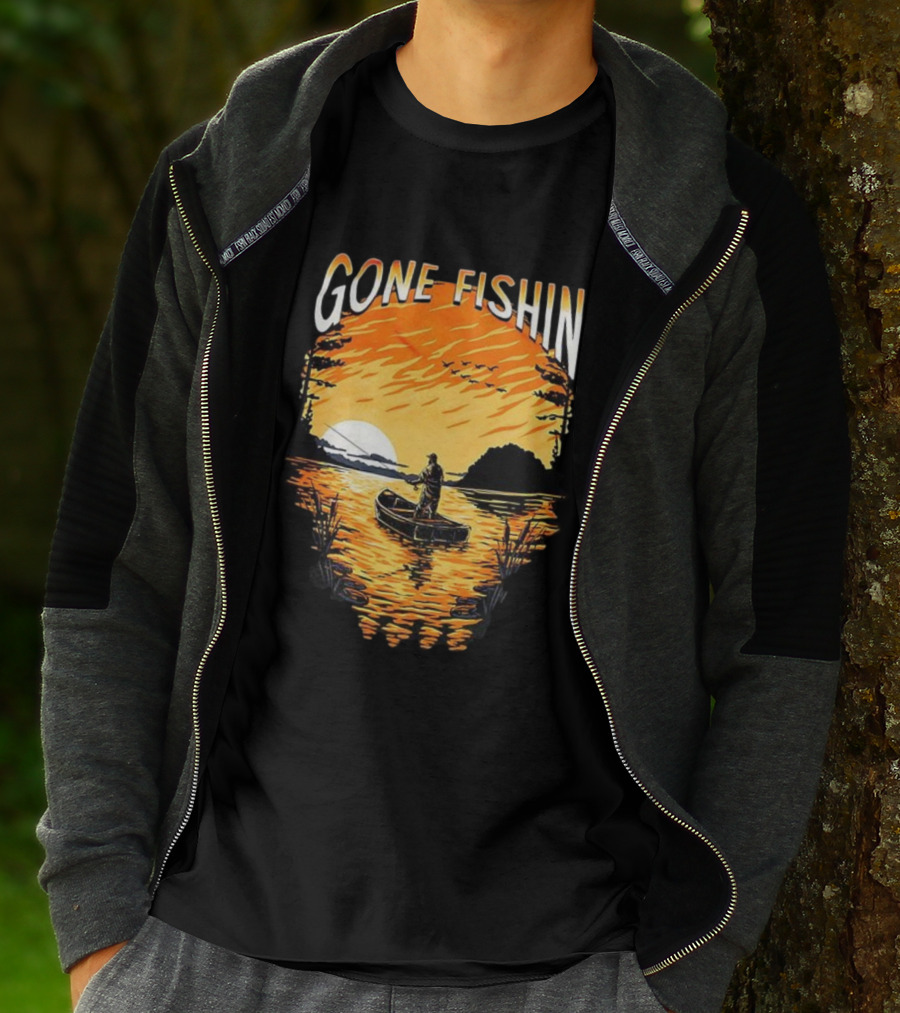 Gone Fishin Sunset Lake Boat Silhouette T-Shirt