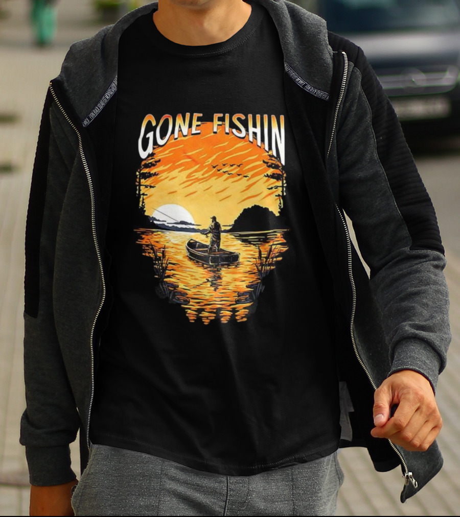 Gone Fishin Sunset Lake Boat Silhouette T-Shirt