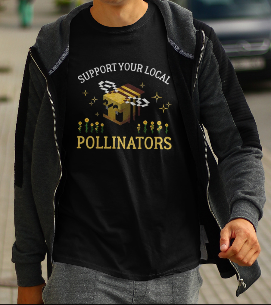 Support Your Local Pollinators Gamer Bee Pixel Art Flowers T-Shirt