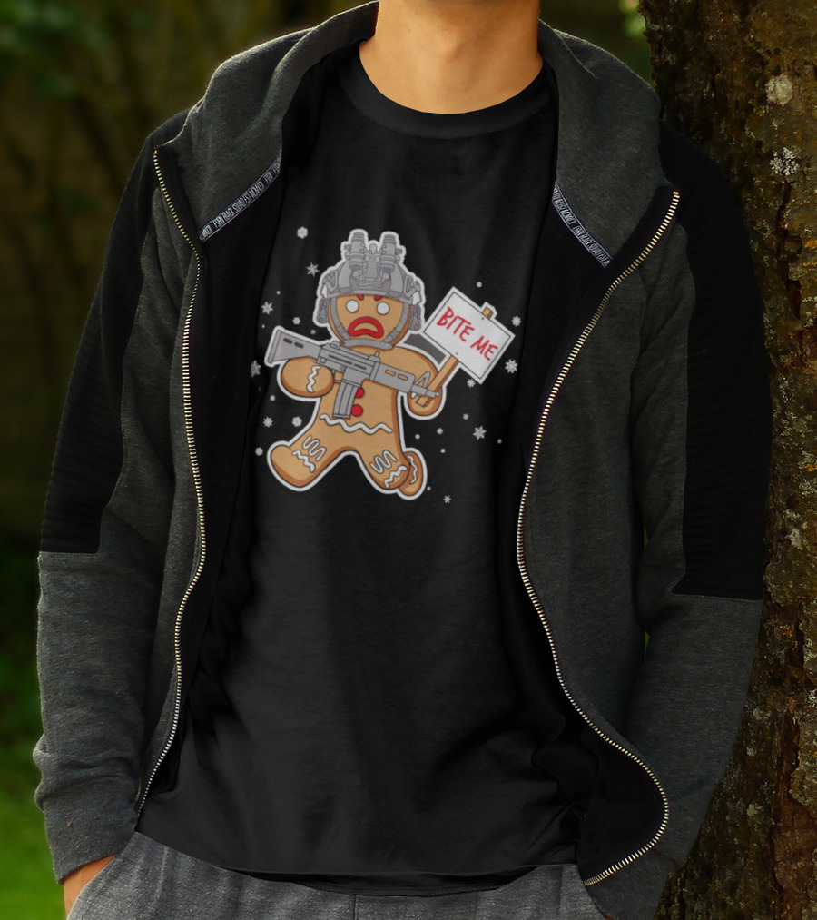 Bite Me Hostile Gingerbread Soldier Holding Sign With Weapon And Helmet T-Shirt