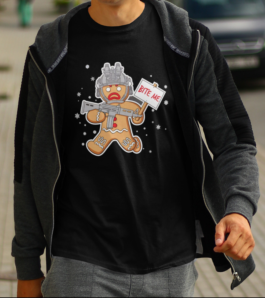 Bite Me Hostile Gingerbread Soldier Holding Sign With Weapon And Helmet T-Shirt