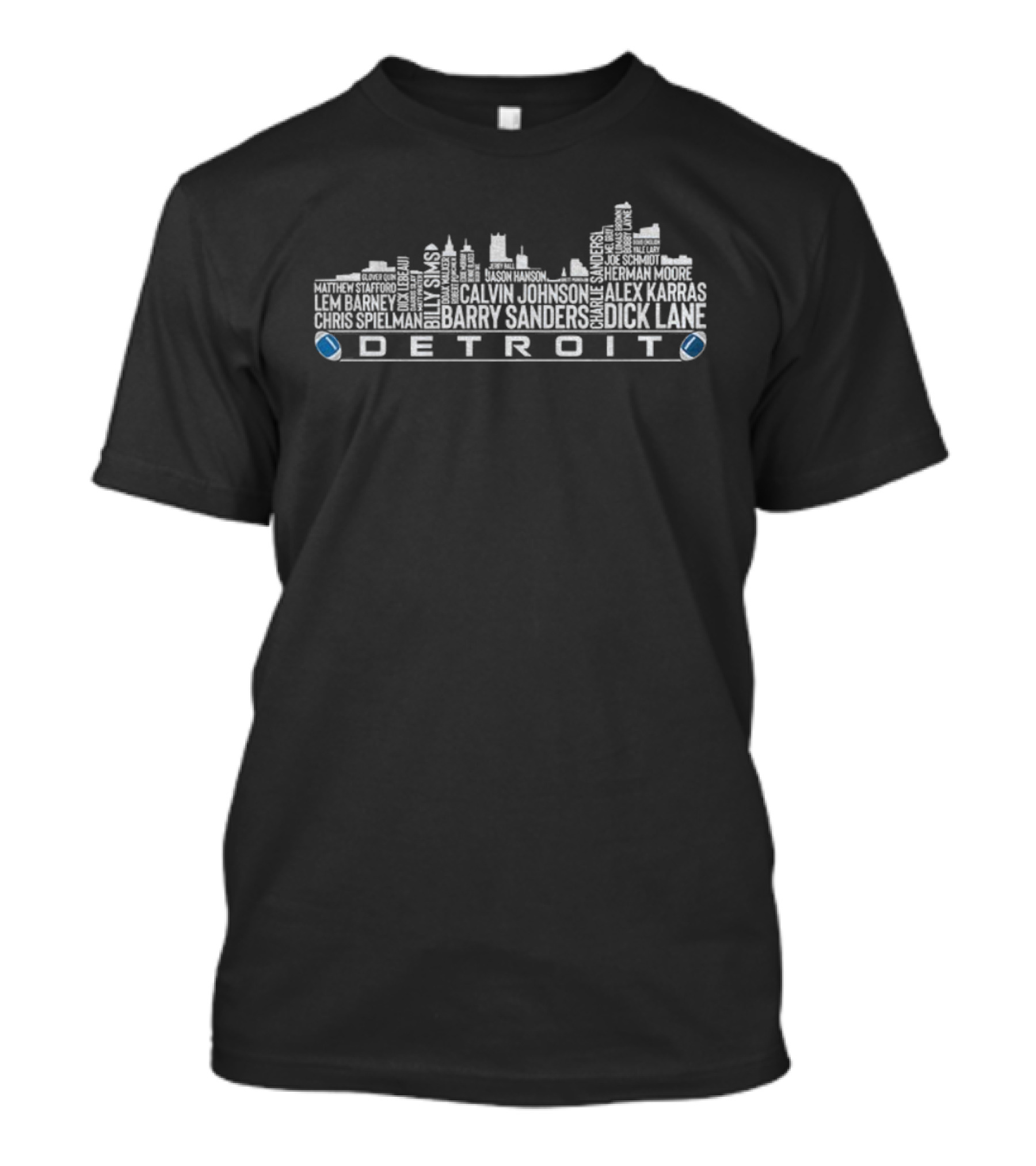 Detroit Lions City Skyline Legends Barry Sanders Calvin Johnson Dick Lane T-Shirt
