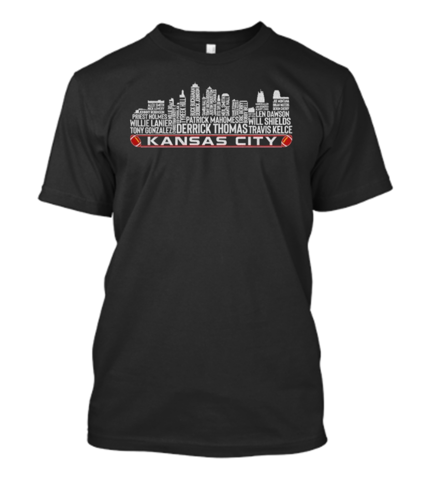 Kansas City Chiefs NFL Legends City Skyline Derrick Thomas Travis Kelce Patrick Mahomes Tony Gonzalez Tyreek Hill T-Shirt