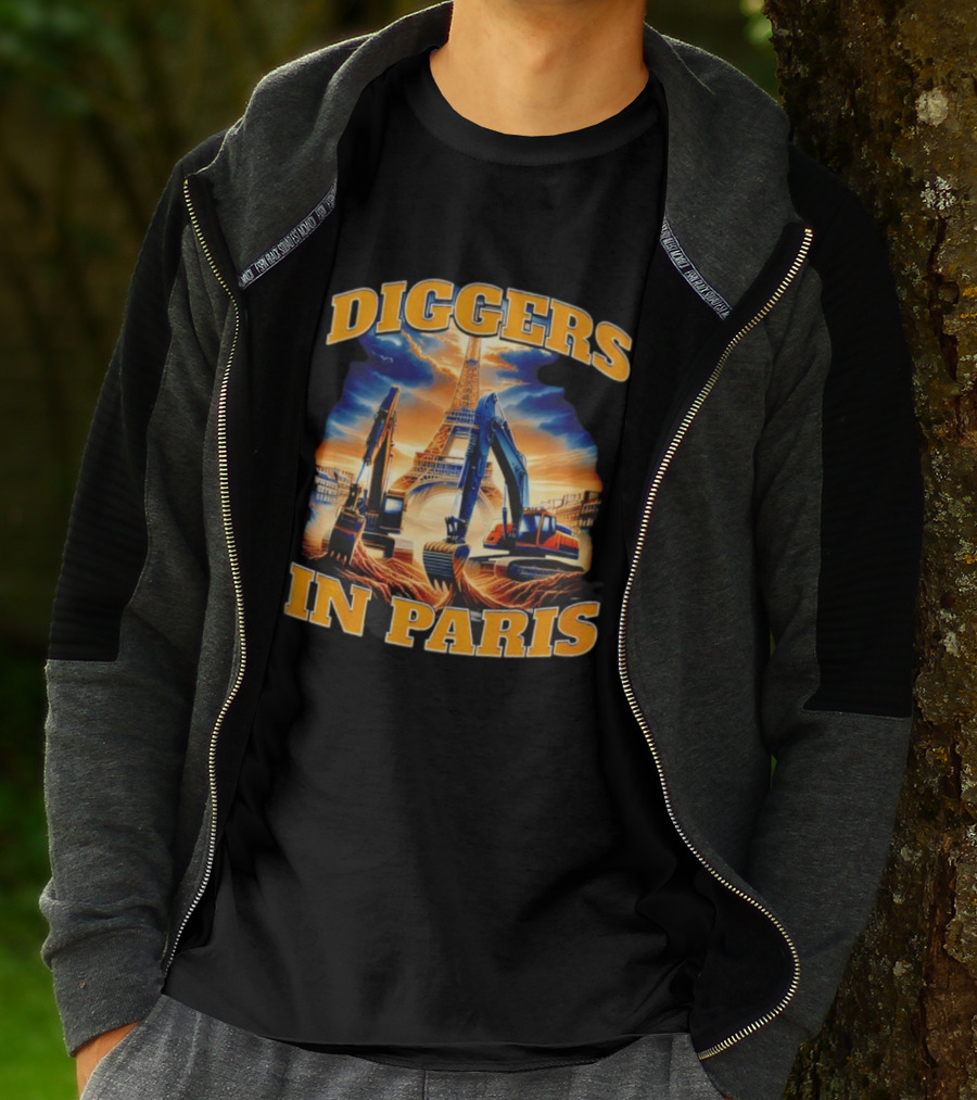 Diggers In Paris Eiffel Tower Excavators Scene T-Shirt