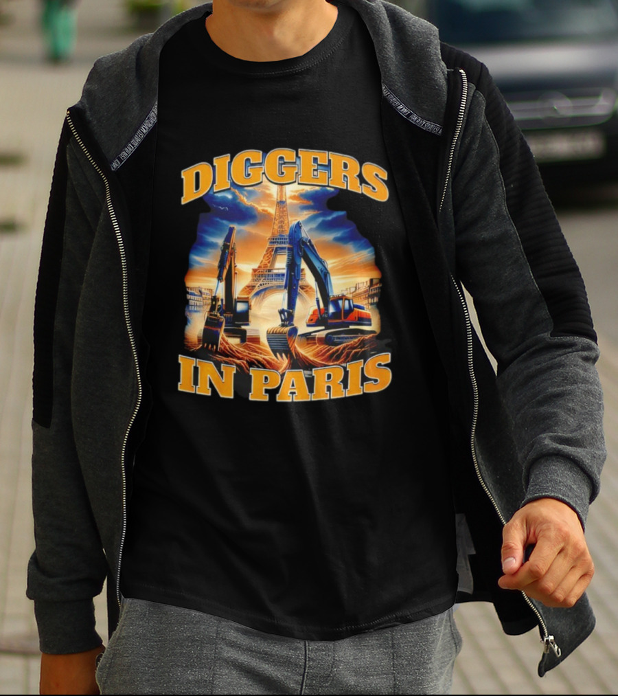 Diggers In Paris Eiffel Tower Excavators Scene T-Shirt