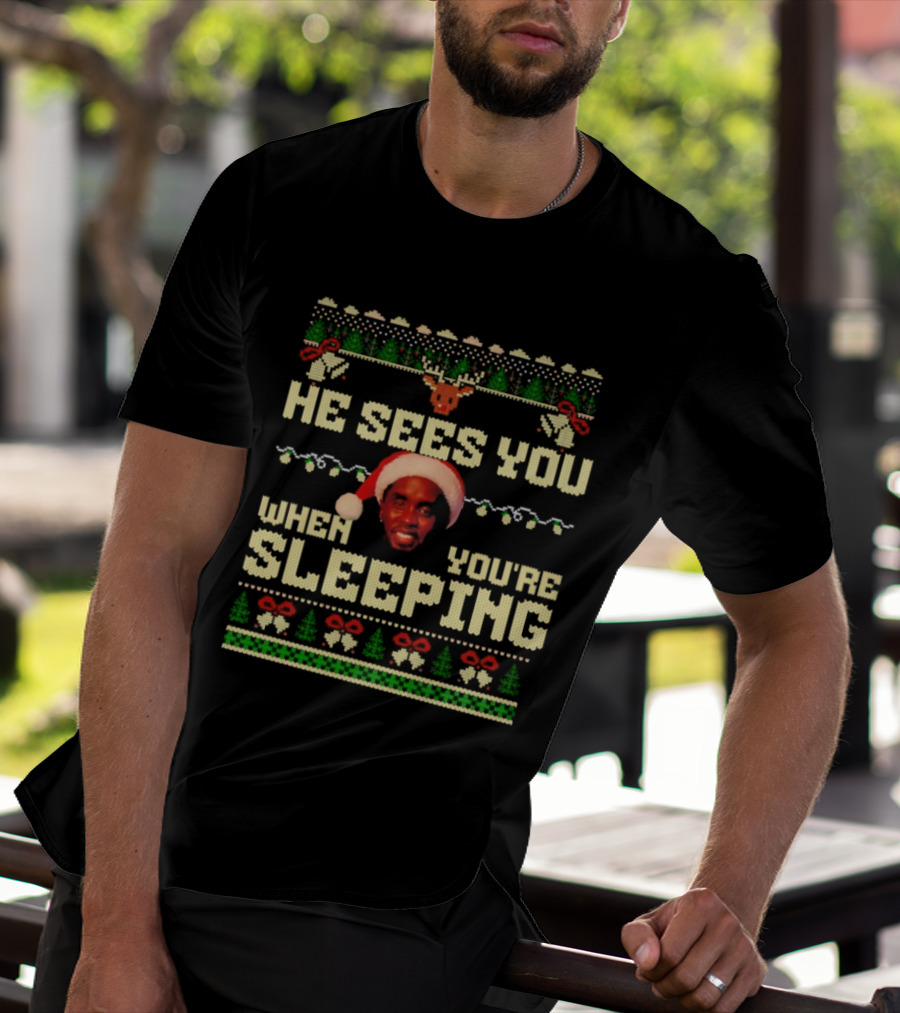 He Sees You When You’re Sleeping Christmas Lights Santa Hat Retro Style T-Shirt