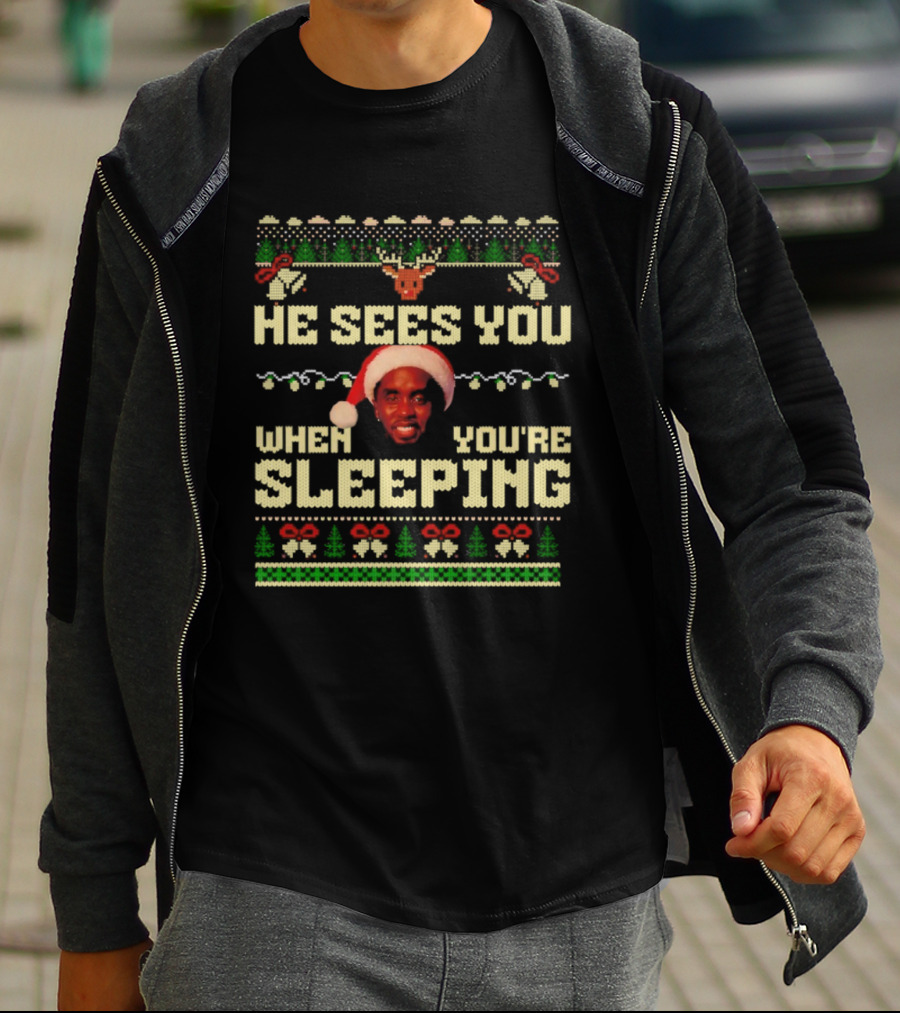 He Sees You When You’re Sleeping Christmas Lights Santa Hat Retro Style T-Shirt