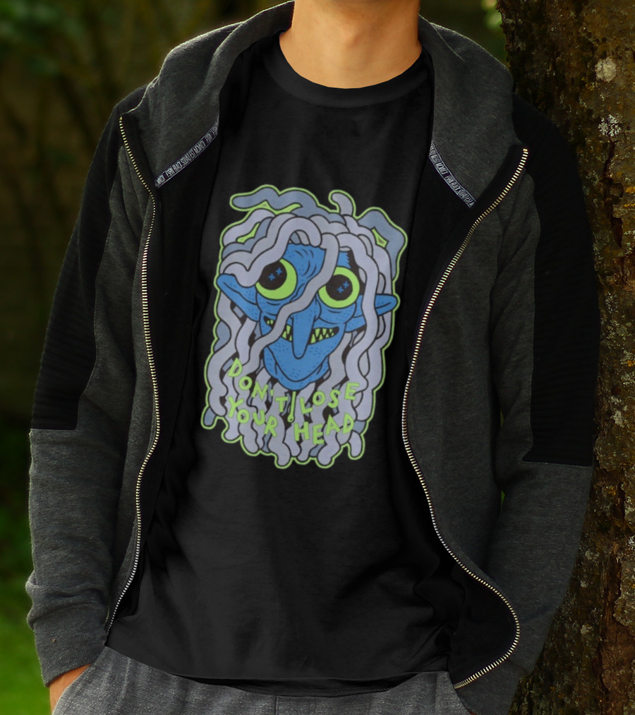 Head Lopper Don’t Lose Your Head Blue Monster Face Bright Green Eyes T-Shirt