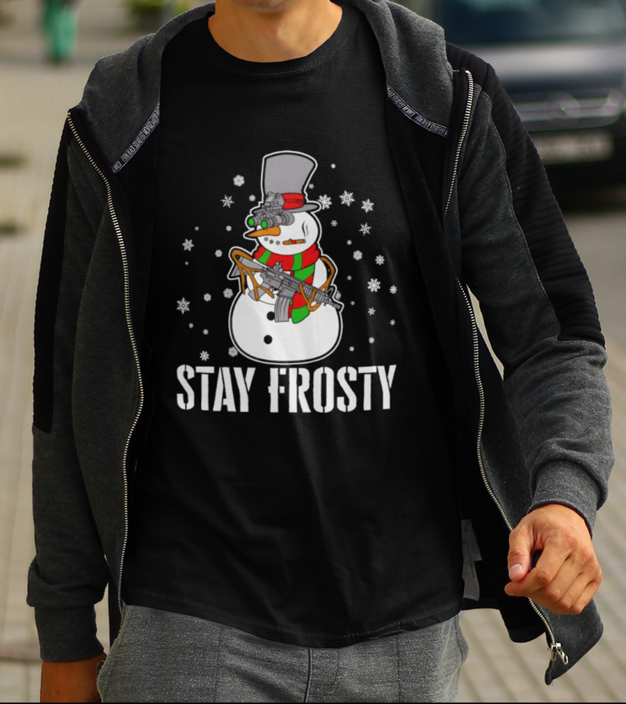 Stay Frosty Snowman Christmas Humor Gun Snowflakes T-Shirt